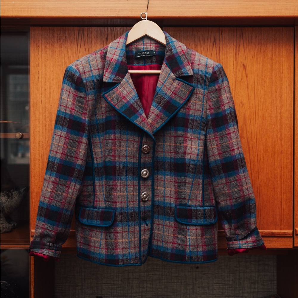 Tribal Plaid Blazer in Gray, Blue & Pink